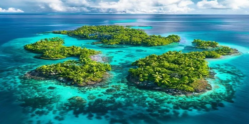 Aerial view of Solomon Islands turquoise lagoons
