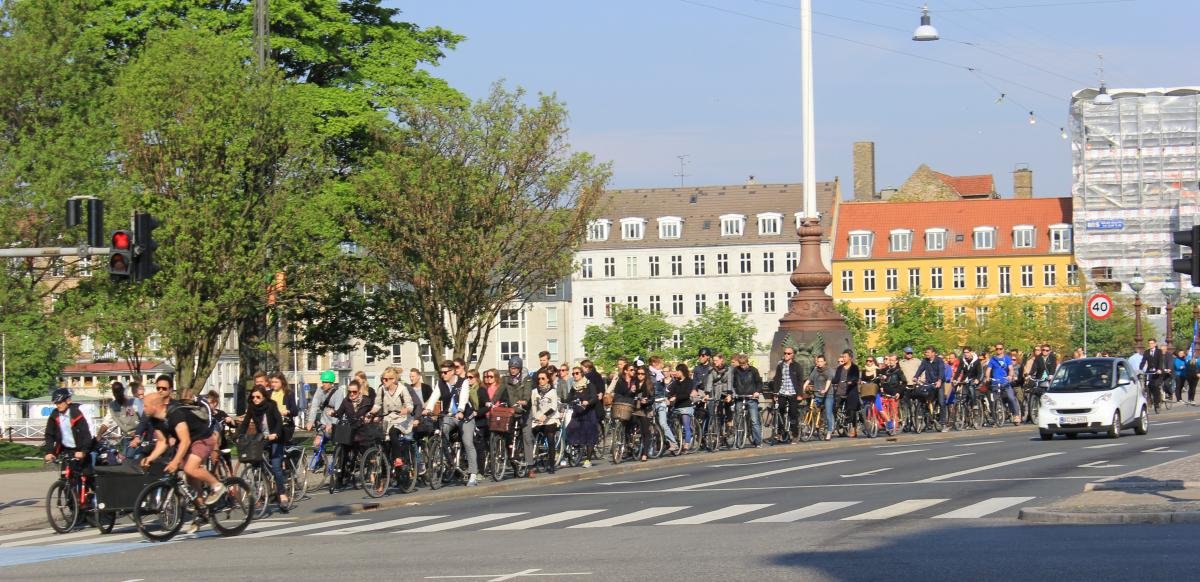 Locals riding bicycles in a dedicated Copenhagen bike lane on an overcast day