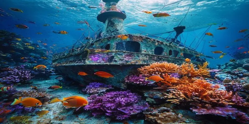 Sunken WWII shipwreck with coral and fish