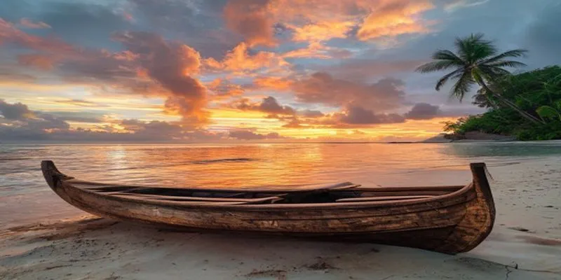 Traditional canoe on a Solomon Islands beach at sunset