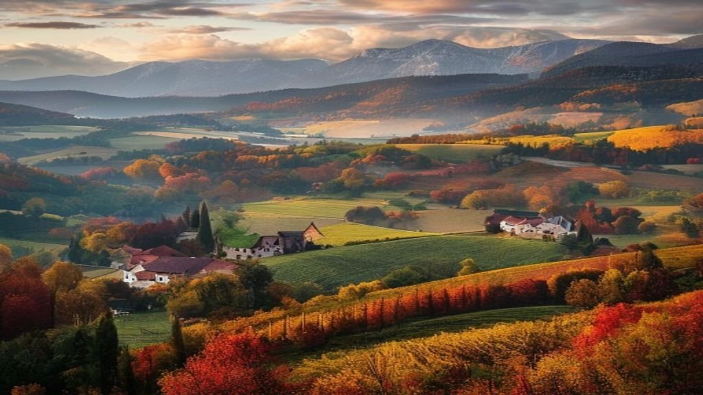 Autumn vineyards and a quaint village along the scenic Alsace travel guide Wine Route.