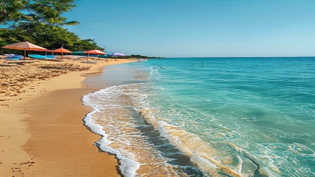 Beautiful sandy Rhodes beach with clear blue water, perfect for a relaxing swim for Rhodes travel guide.