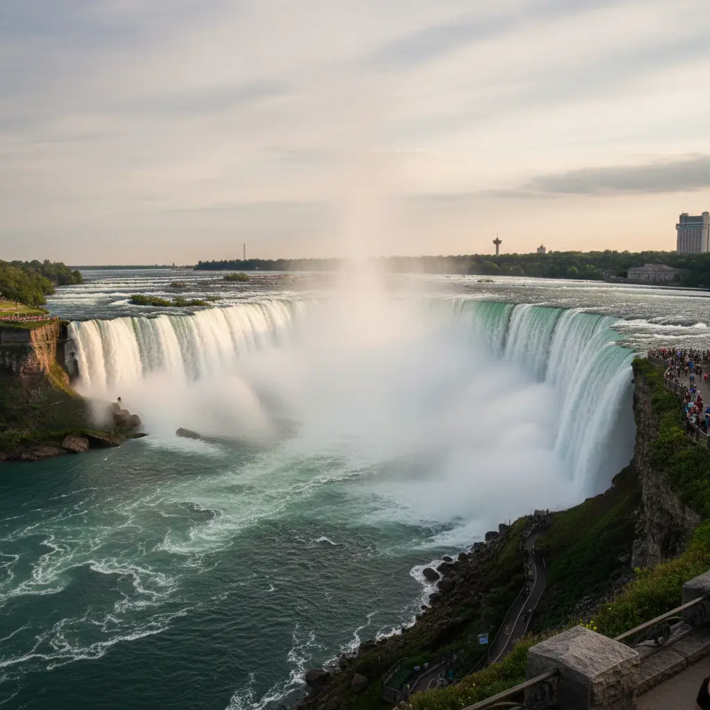Panoramic view of Niagara Falls including Horseshoe Falls and American Falls from the Canadian perspective. Niagara Falls Travel Guide including Horseshoe Falls and American Falls from the Canadian perspective.