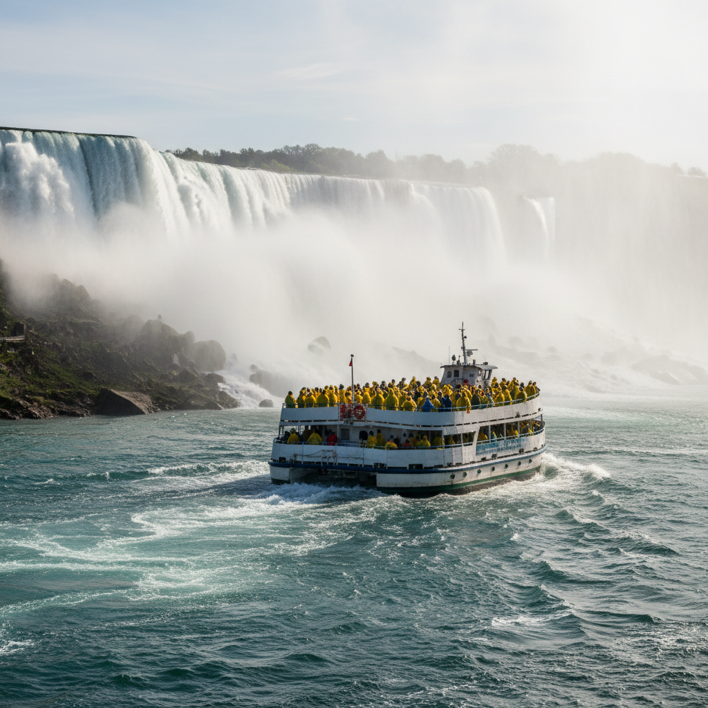 Maid of the Mist boat filled with tourists wearing ponchos near the misty base of Niagara Falls, offering an exciting Niagara Falls travel guide experience.