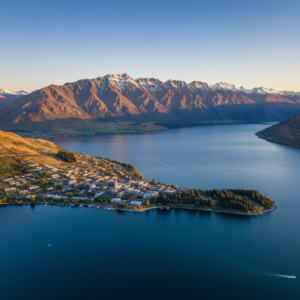 A stunning aerial view of Queenstown New Zealand, Lake Wakatipu, and the surrounding Southern Alps under clear skies.