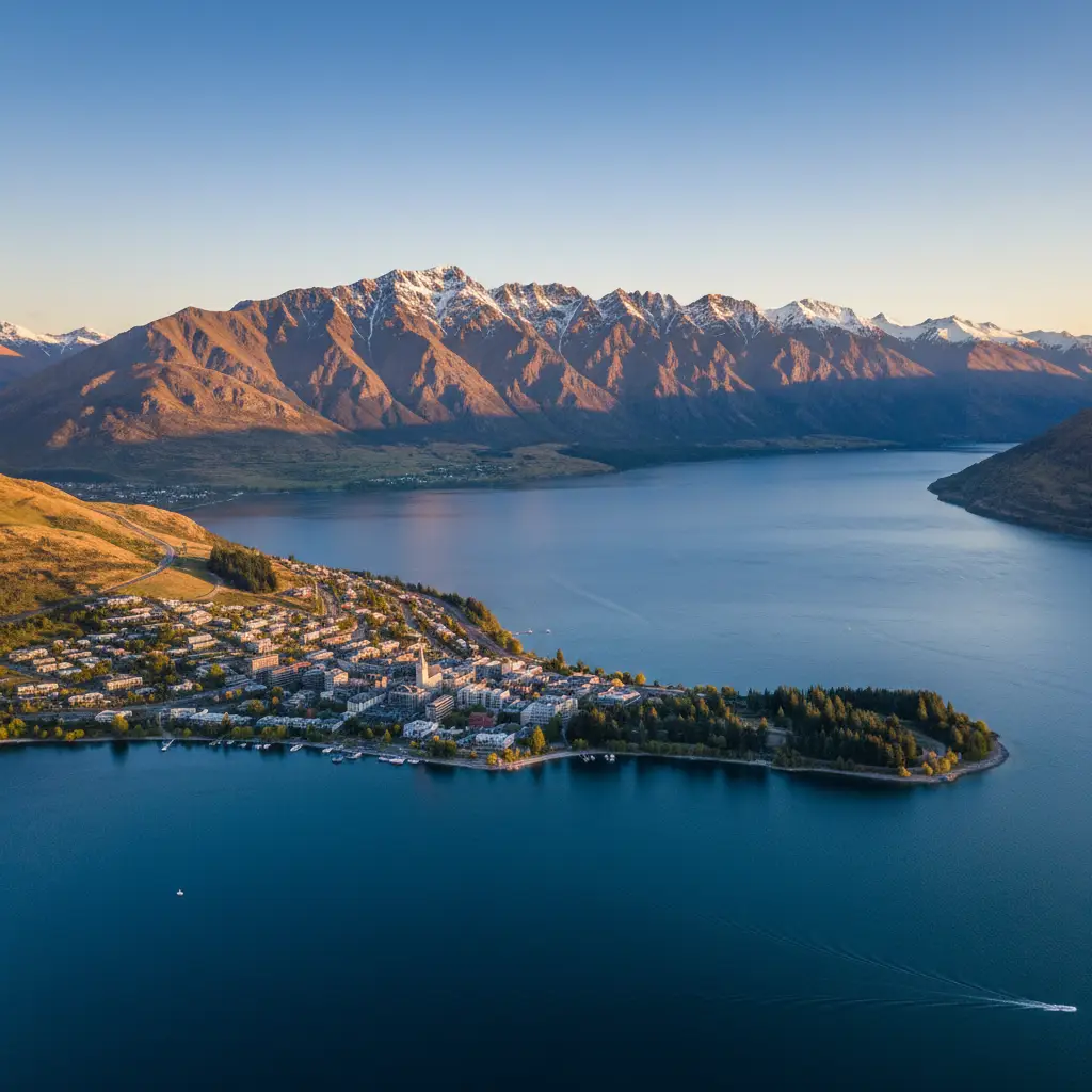 Queenstown travel guide A stunning aerial view of Queenstown New Zealand, Lake Wakatipu, and the surrounding Southern Alps under clear skies.