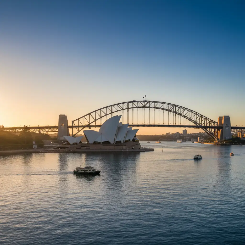 Sunrise over the Sydney Opera House and Sydney Harbour Bridge, illuminating the iconic Sydney skyline. Sydney travel guide
