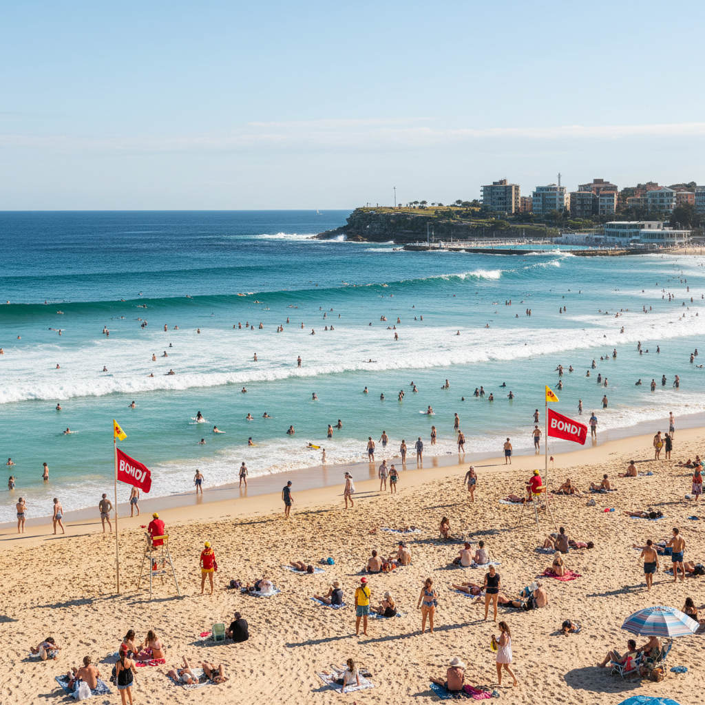 Bondi Beach crowded with swimmers and surfers, showcasing the vibrant atmosphere of this famous Sydney travel guide destination.