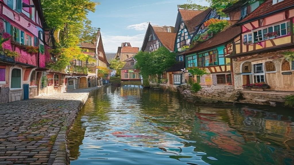 Colorful half-timbered houses along a canal in Colmar, France, a highlight of any Alsace travel guide.