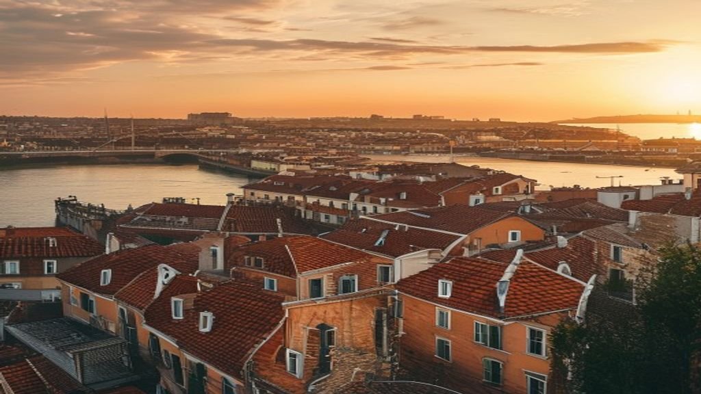 Panoramic sunset view of Lisbon, Tagus River, and the 25 de Abril Bridge, a beautiful Lisbon travel guide vista.