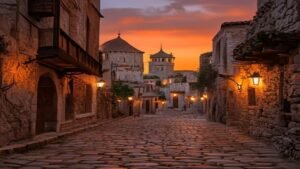 Medieval Rhodes Old Town at sunset, showcasing ancient architecture and city walls of Rhodes travel guide.