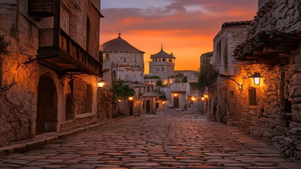 Medieval Rhodes Old Town at sunset, showcasing ancient architecture and city walls of Rhodes travel guide.