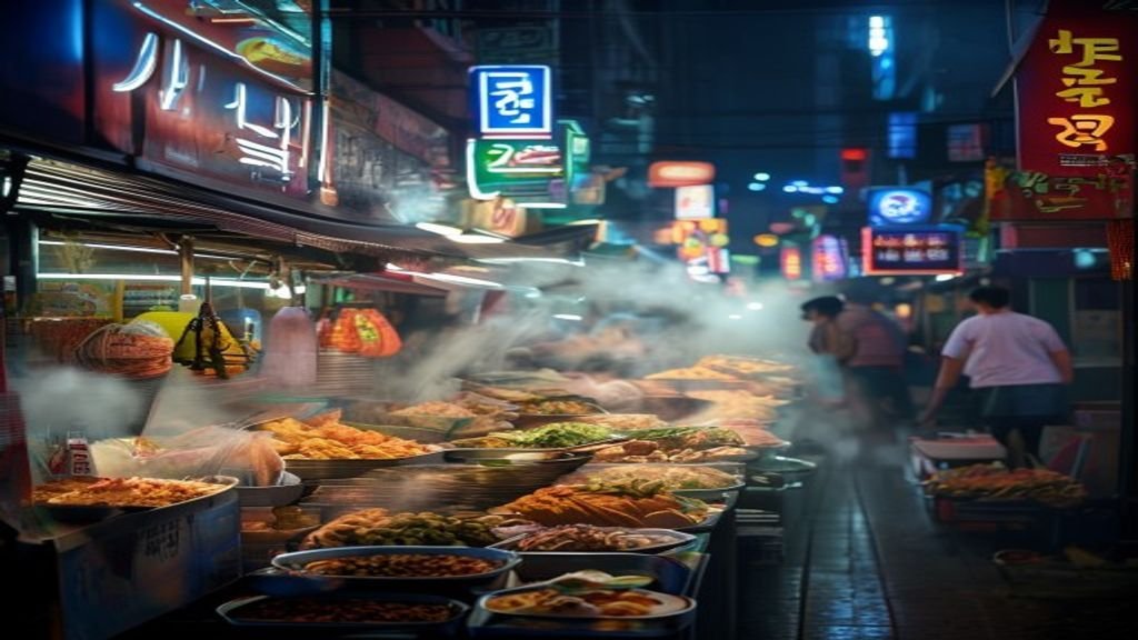 Myeongdong street food vendors under neon lights at night.