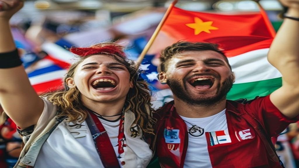 USA and Bosnia and Herzegovina fans cheering together in the stadium.